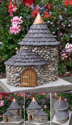 this is an image of a small stone house made out of rocks and wood with a door