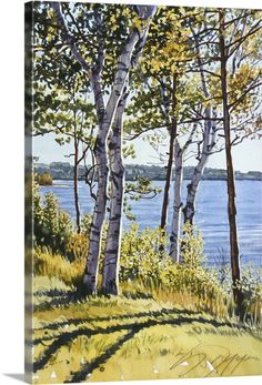 a painting of some trees by the water