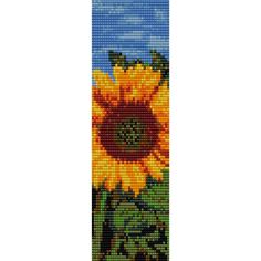 a cross stitch bookmark with an image of a sunflower in the center and blue sky behind it