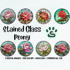 stained glass peony flowers and leaves in different sizes, with the words stained glass peony above them