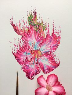 a drawing of a pink flower on a white paper with watercolor pencils next to it