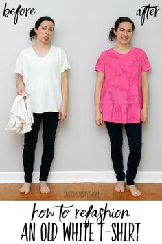 two women standing next to each other with the words how to refresh an old white t - shirt