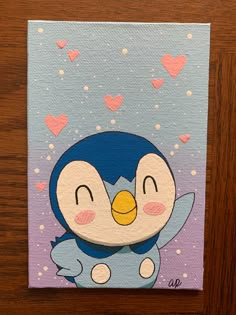 a painting of a penguin with hearts on it's chest and eyes closed, sitting on top of a wooden table