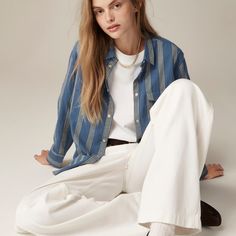 Western shirt in striped cotton voile Relaxed Fit Vertical Stripes Button-up Blouse, Cotton Tops With Vertical Stripes For Daywear, Cotton Button-up Top With Contrast Stripes, Cotton Button-up Tops With Vertical Stripes, Trendy Striped Blouse For Daywear, Fall Cotton Shirt With Vertical Stripes, Cotton Shirt With Vertical Stripes For Fall, Cotton Shirt With Vertical Stripes For Daywear, Spring Daywear Tops With Contrast Stripes