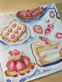 a drawing of some desserts on a table with strawberries and other food items