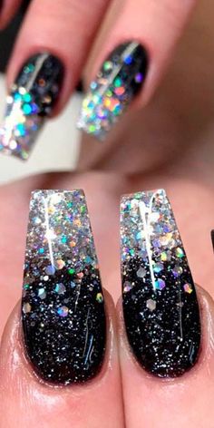 30 Creative Designs for Black Acrylic Nails That Will Catch Your EyeBlack Acrylic Nails with Glitter blackacrylicnails blacknails glitterblacknails Black Acrylic Nail Designs, Glitter Nails Acrylic, Black Acrylic Nails, Black Nail Designs, Nails Polish, Nail Designs Glitter, Prom Nails, Black Acrylic