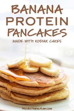 a stack of pancakes with syrup being drizzled over them and the words, banana protein pancakes made with kodak cakes