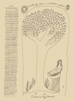 a drawing of a woman standing in front of a tree with numbers written on it