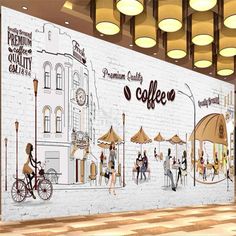 an artist's rendering of a coffee shop with people walking and riding bikes in front of it