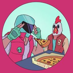 two people are eating pizza and drinking sodas in front of a pink background with an image of a chicken wearing a helmet