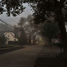 an empty street in the middle of a residential neighborhood on a foggy day with no cars