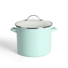 a light blue pot with a lid and handle on the side, against a white background