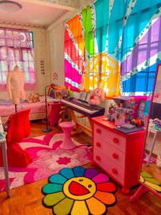 a brightly colored room with lots of furniture