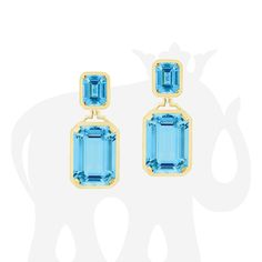 JE0498-BT-Y 'Gossip' Long Double Emerald Cut Blue Topaz Earrings in 18K Yellow Gold Stone Size: 10 x 8 - 20 x 14 mm Blue Topaz Earrings, Topaz Earrings, Gold Stone, Emerald Cut, Blue Topaz, Personalized Jewelry, Topaz, Emerald, Size 10