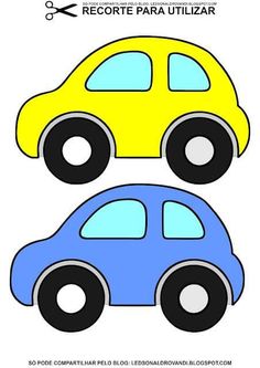 a blue and yellow car cut out from paper with scissors on the side, sitting next to each other