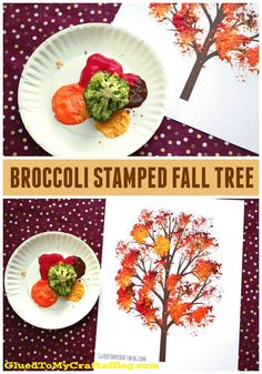 broccoli stamped fall tree craft for kids to make with paper plates and leaves