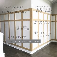 the walls are being painted white and have wood trimmings on them, along with measurements for each panel