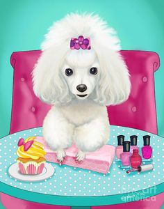 a painting of a poodle sitting at a table with cupcakes and nail polish