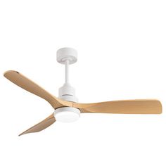 a white ceiling fan with wooden blades and light on the blade is shown in front of a white background