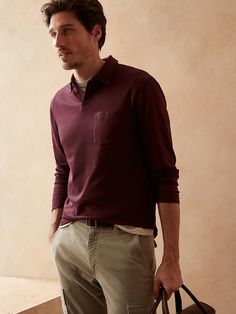 Dark Maroon, Banana Republic Men, Office Casual, Polo Collar, Work Fashion, Button Placket, Chest Pocket, Style Guides, Moisture Wicking