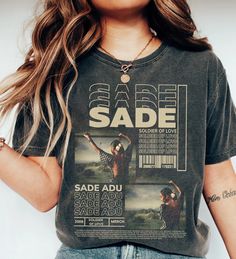 Sade Adu Shirt, Sade Adu World Tour Tshirt,Music Tour Rap Hip Hop Graphic T-Shirt, Sade T-shirt Gift For men women, Sade Pop Music Fan shirt : 100% Cotton (fiber content may vary for different colors) .: Medium fabric (5.3 oz/yd² (180 g/m .: Classic fit .: Runs true to size HOW TO ORDER Pick you favorite design. Review the size & color charts above FIRST and then select shirt size and color from the dropdown menu. Indicate the birthday year in the personalization box. Please note size measuremen Sade Concert, Sade Shirt, World Tour Tshirt, Sade Adu, Hip Hop Shirts, 90s Shirts, Fan Shirts, Music Fans, Color Charts