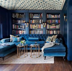 a living room filled with blue couches and lots of bookshelves in it