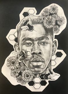 a drawing of a man's face with flowers in his hair and bees flying around