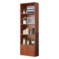 a wooden bookcase with three shelves filled with office supplies