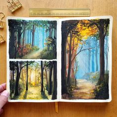 an open book with four pictures of trees