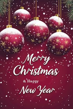 merry christmas and happy new year greeting card with red baubs on snow covered background