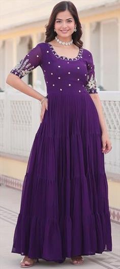 Purple and Violet color Gown in Faux Georgette fabric with Embroidered, Sequence, Zari work Reception Gown, Violet Color, Sequence Work, Zari Work, Georgette Fabric, Casual Outfit, Violet, Casual Outfits, Festival