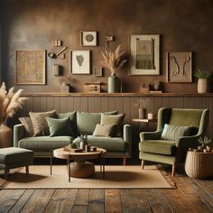 a living room with couches, chairs and pictures on the wall above them in brown tones