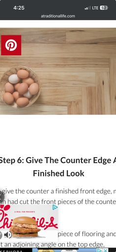 an image of a table with eggs in a bowl and the words, step 6 give the counter edge area a finished look