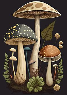 some mushrooms are growing in the grass with leaves and flowers around them on a black background