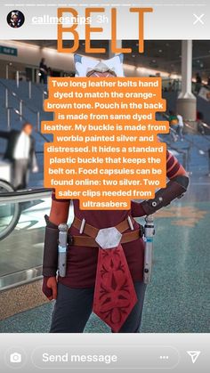 an image of a man in costume at the airport with text that reads, delt two long leather belts hand over to match the orange tie