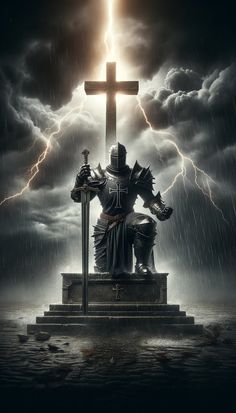 a knight sitting on top of a statue under a cross in the middle of a storm