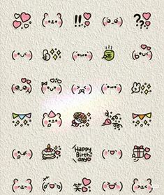 an image of some cute emoticions on a white paper background with the words happy birthday written in different languages