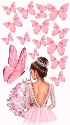 a woman in a pink dress surrounded by butterflies