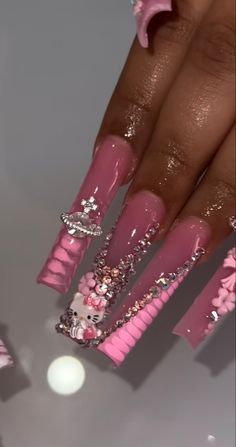 Pink Xl Acrylic Nails, Extra Birthday Nails Long, Extra Acrylic Nails, Extra Birthday Nails Medium Length, Xl Nail Ideas, Extra Acrylic Nails Designs, Birthday Baddie Nails, Dramatic Nails Designs, Pink Freestyle Nails