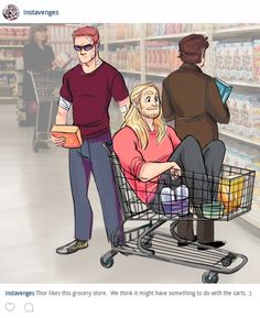 an image of a woman pushing a shopping cart in a grocery store with two men