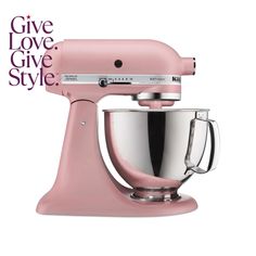 a pink mixer is shown with the words give love give style