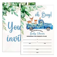 a baby shower card with an image of a blue truck and deer on the back