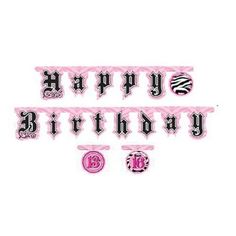 a happy birthday banner with zebra print and pink ribbon on the bottom says happy birthday