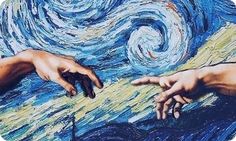 two hands touching each other over a painting