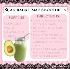 an avocado smoothie is shown with the ingredients for it and its description