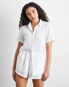 White 100% French Flax Linen Short Sleeve Shirt – Bed Threads Bed Threads, Linen Short Sleeve, Linen Pajamas, Chic Shirts, Linen Crops, Linen Tshirts, Linen Short, Lightweight Shorts, Sleepwear Sets