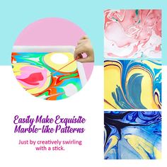 an advertisement for marble - like patterns is shown in three different colors, including pink, blue, yellow and green