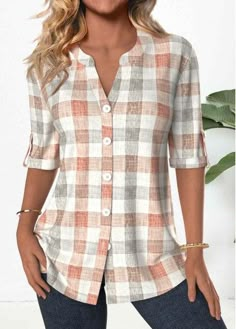 Color:Orange;Size:S;Size:M;Size:L;Size:XL;Size:XXL;Package Contents:1 X Blouse;Occasion:Other;Style:Bohemian; Tomboyish Outfits, Orange Plaid, Lovely Tops, Plain Tops, Thanksgiving Outfit, Roll Up Sleeves, Plaid Tops, Blouse Design, Trendy Tops