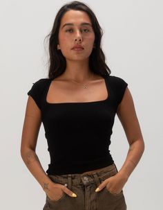 Bdg Urban Outfitters Orla Square Neck Top. Staple Stretch Top Cut From A Ribbed Knit Fabrication. Complete With A Square Neck, Short Sleeves And A Slim-Fit Silhouette. 94% Polyamide, 6% Elastane. Machine Wash. Imported. Model Is Wearing A Size Small. Model Measurements:height: 5'7" Bust: 34"waist: 25"hips: 34.5" Cheap Urban Outfitters Crop Top For Day Out, Wwe T Shirts, Flannel Sweatshirt, Graphic Trends, Bdg Urban Outfitters, Girls Graphic Tee, Square Neck Top, Girls Blouse, Stretch Top