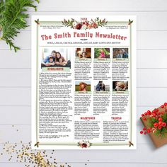 the smith family newsletter is displayed on a table next to some christmas decorations and presents